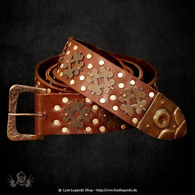 Long Leather Belt with Brass Decoration