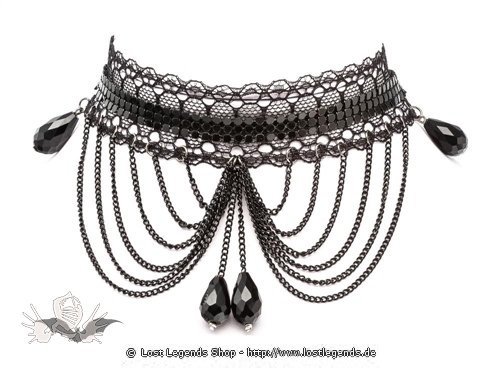 Stilvolles, breites Halsband mit Spitze, Ketten und schwarzen Kristallen