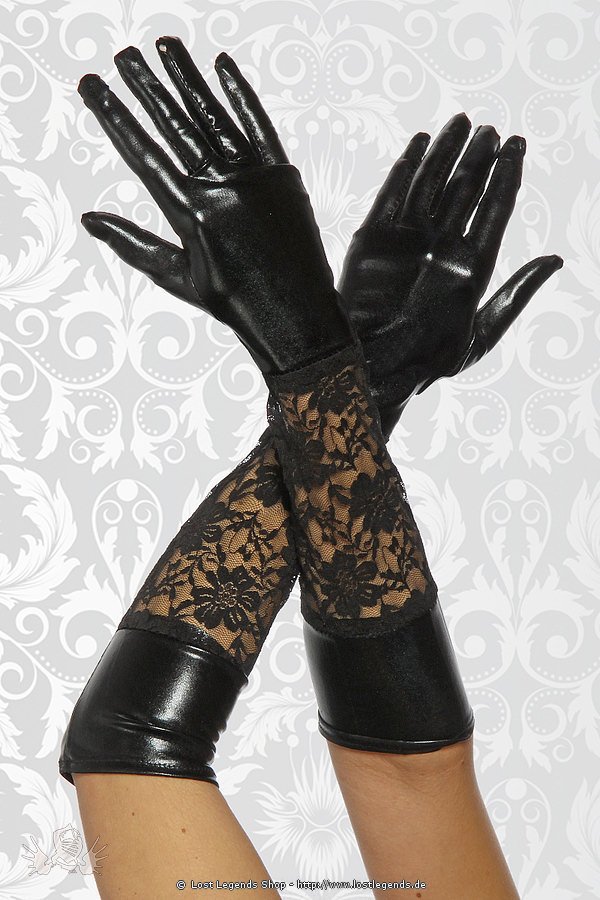 Wetlook-Handschuhe mit Spitze schwarz