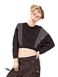 Bauchfreier Fledermauspullover  mit Nieten