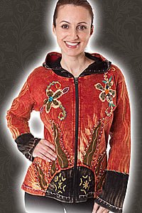 Ethnic Kapuzenjacke Baumwolle mit Blumenstickerei