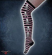 Kniestr�mpfe mit Totenk�pfen schwarz-rosa