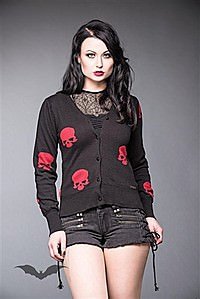 Schwarzer Cardigan mit roten Totenk�pfen